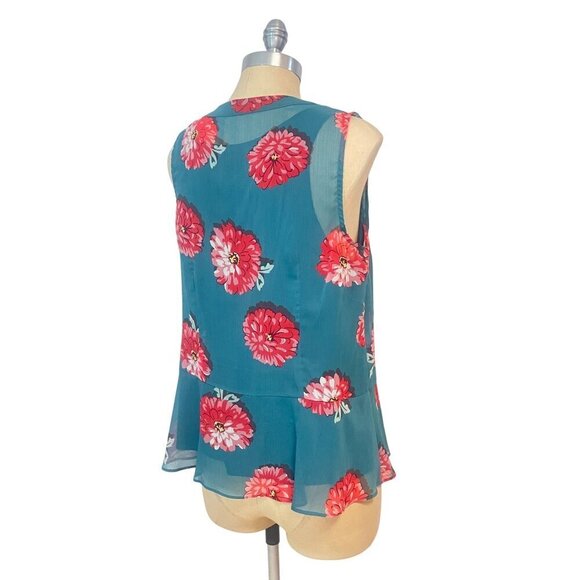 CABI Blushing Blouse 3445 Teal Blue Pink Sleeveless Peplum Ruffle Tank Medium - Picture 4 of 5